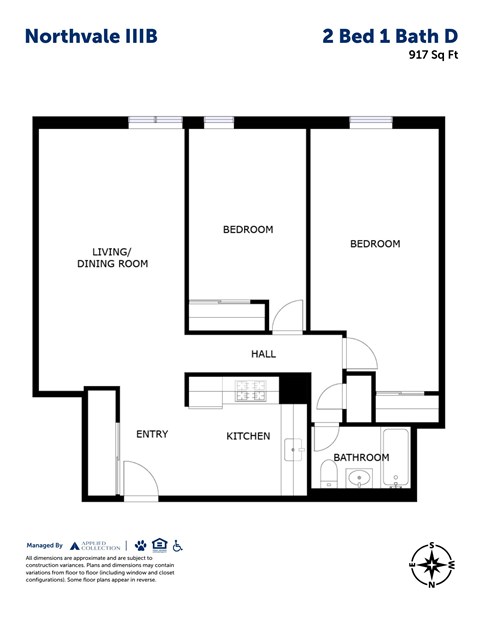 Floor plan for 2 beds, 1 bath, 917 sqft